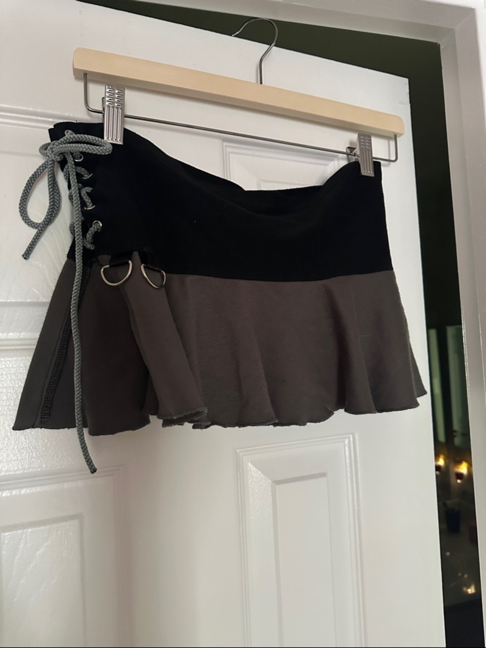 Two-Tone Black and Gray Lace-Up Ruffle Mini Skirt